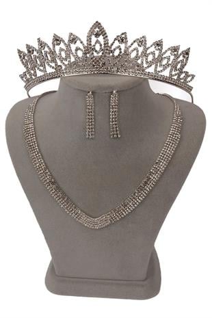 Elegant and Simple Evening Necklace and Earring Set with Gemstones and Delicate Leaf Bridal Tiara