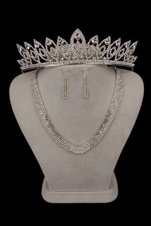 Elegant and Simple Evening Necklace and Earring Set with Gemstones and Delicate Leaf Bridal Tiara