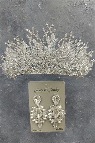 Zehra Model Gelin Tacı Ve Damla Taşlı Küpe