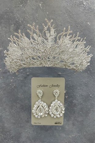 Zehra Model Gelin Tacı Ve Mekik Taşlı Küpe