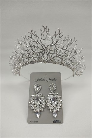 Zehra Model Gelin Tacı Ve Damla Taşlı Küpe