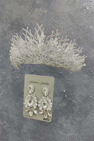 Zehra Model Gelin Tacı Ve Mekik Damla Taşlı Küpe