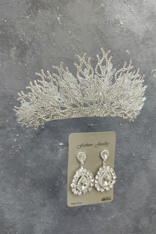 Zehra Model Gelin Tacı Ve Mekik Taşlı Küpe