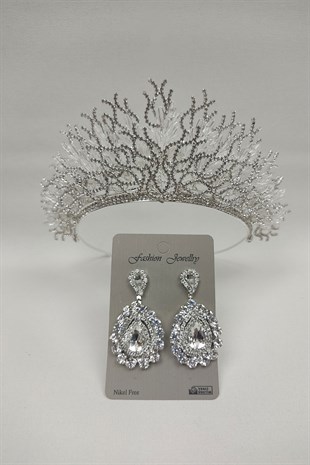 Zehra Model Gelin Tacı Ve Mekik Taşlı Küpe