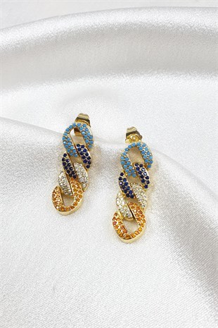 Zincir Renkli Örgülü Taşlı Küpe