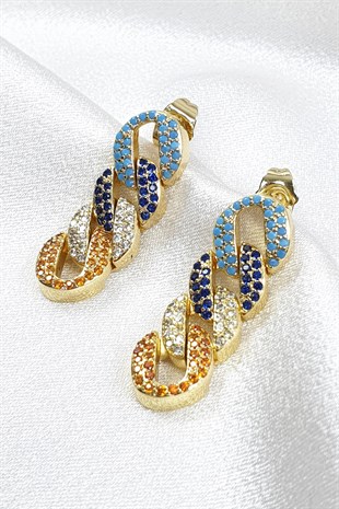 Zincir Renkli Örgülü Taşlı Küpe