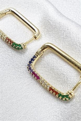 Zirkon Dikdörtgen Tek Sıra Renarenk Küpe