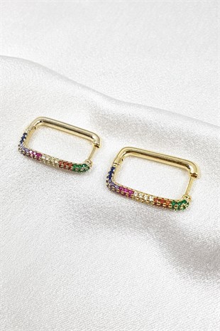 Zirkon Dikdörtgen Tek Sıra Renarenk Küpe