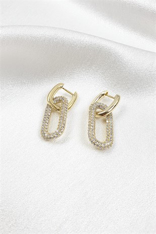 Zİrkon Taşlı Oval Gold Küpe