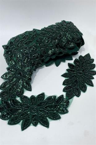 Zümrüt Yeşili Boncuk İşlemeli Çiçek Desen Baklava Geniş Şerit Aplik 1 Metre