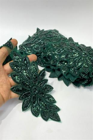Zümrüt Yeşili Boncuk İşlemeli Çiçek Desen Baklava Geniş Şerit Aplik 1 Metre