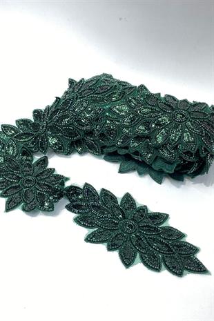 Zümrüt Yeşili Boncuk İşlemeli Çiçek Desen Baklava Geniş Şerit Aplik 1 Metre