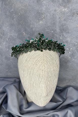 Zümrüt Yeşili  Boncuk İşlemeli Duru Gelin Kına Tacı