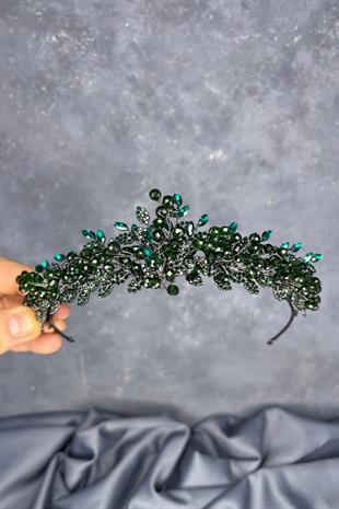 Zümrüt Yeşili  Boncuk İşlemeli Duru Gelin Kına Tacı