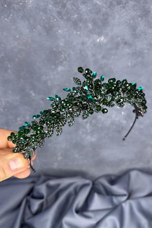 Zümrüt Yeşili  Boncuk İşlemeli Duru Gelin Kına Tacı