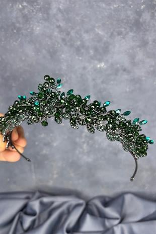 Zümrüt Yeşili  Boncuk İşlemeli Duru Gelin Kına Tacı