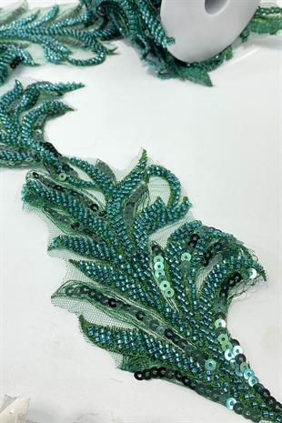 Zümrüt Yeşili Boncuk İşlemeli Yaprak Desenli Geniş Şerit Aplik 1 Metre