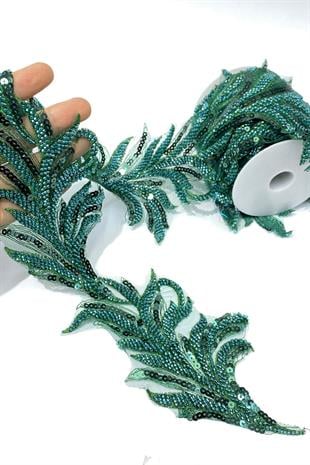 Zümrüt Yeşili Boncuk İşlemeli Yaprak Desenli Geniş Şerit Aplik 1 Metre