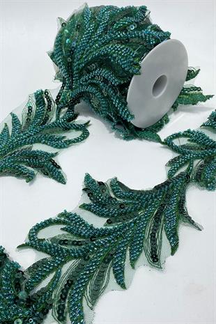 Zümrüt Yeşili Boncuk İşlemeli Yaprak Desenli Geniş Şerit Aplik 1 Metre