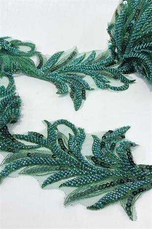 Zümrüt Yeşili Boncuk İşlemeli Yaprak Desenli Geniş Şerit Aplik 1 Metre