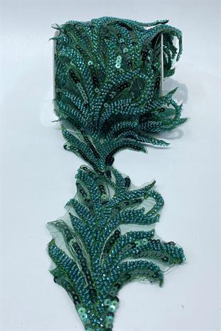 Zümrüt Yeşili Boncuk İşlemeli Yaprak Desenli Geniş Şerit Aplik 1 Metre