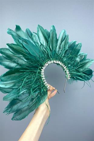 Emerald Green Enda Feathered Stone Bridal Henna Crown Accessory