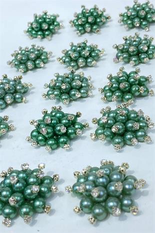Zümrüt Yeşili  İnci Boncuklu Taşlı Broş