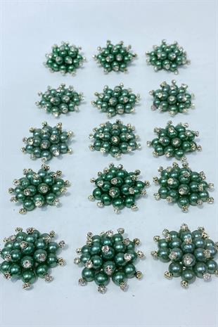 Zümrüt Yeşili  İnci Boncuklu Taşlı Broş