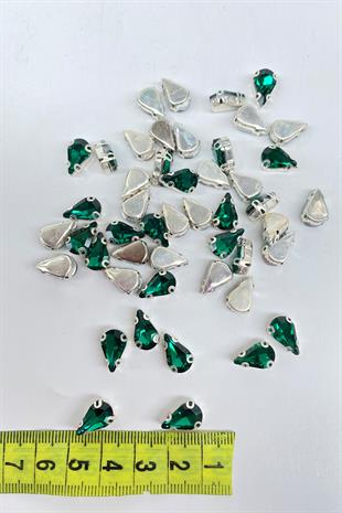 Zümrüt Yeşili  Kasalı Dikme Parlak Cam Damla Boncuk 10 Adet