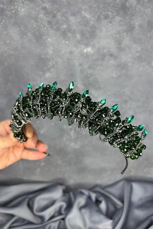 Zümrüt Yeşili Kristal Boncuk İşlemeli Buğlem Gelin Tacı