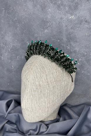 Zümrüt Yeşili Kristal Boncuk İşlemeli Buğlem Gelin Tacı