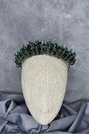 Zümrüt Yeşili Kristal Boncuk İşlemeli Buğlem Gelin Tacı