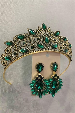 Zümrüt Yeşili Kristal Cam Taşlı Altın Rengi Gelin Tacı ve Küpe Takımı