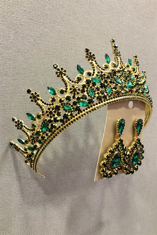 Emerald Green Crystal Glass Stone Gold Color Metal Case Henna, Bridal Crown and Earring Set