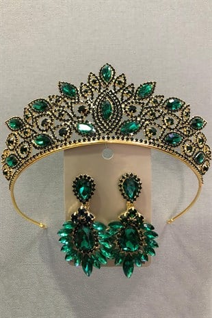 Zümrüt Yeşili Kristal Cam Taşlı Altın Rengi Gelin Tacı ve Küpe Takımı
