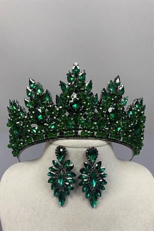 Zümrüt Yeşili Lotus Boncuk İşlemeli Gelin Kına Tacı Ve Mekik Küpe Seti