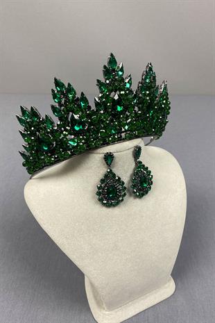 Emerald Green Lotus Bead Embroidered Bridal Henna Crown and Drop Shuttle Earring Set