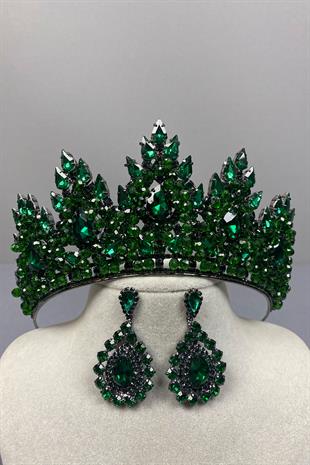Emerald Green Lotus Bead Embroidered Bridal Henna Crown and Drop Shuttle Earring Set