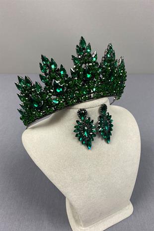 Zümrüt Yeşili Lotus Boncuk İşlemeli Gelin Kına Tacı Ve Mekik Küpe Seti