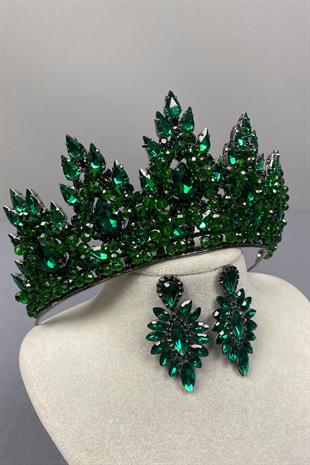 Zümrüt Yeşili Lotus Boncuk İşlemeli Gelin Kına Tacı Ve Mekik Küpe Seti