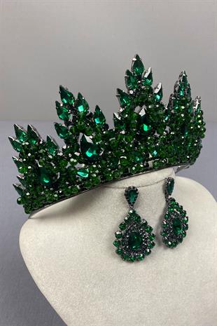 Emerald Green Lotus Bead Embroidered Bridal Henna Crown and Drop Shuttle Earring Set
