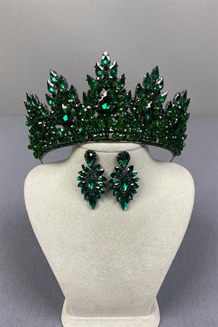 Zümrüt Yeşili Lotus Boncuk İşlemeli Gelin Kına Tacı Ve Mekik Küpe Seti