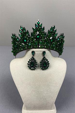 Emerald Green Lotus Bead Embroidered Bridal Henna Crown and Drop Shuttle Earring Set