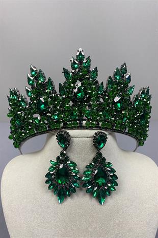 Emerald Green Lotus Bead Embroidered Bridal Henna Crown and Drop Earring Set