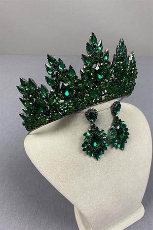 Emerald Green Lotus Bead Embroidered Bridal Henna Crown and Drop Earring Set