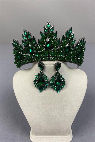Emerald Green Lotus Bead Embroidered Bridal Henna Crown and Drop Earring Set