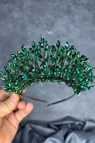 Emerald Green Maria Heavily Embroidered Crystal Bridal Henna Crown Hair Accessory