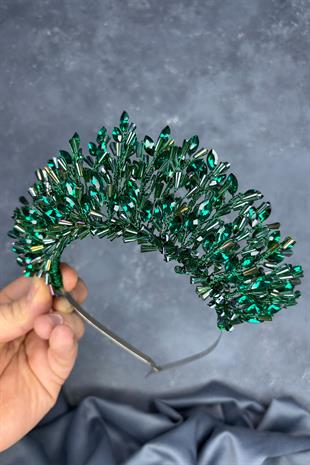 Emerald Green Maria Heavily Embroidered Crystal Bridal Henna Crown Hair Accessory