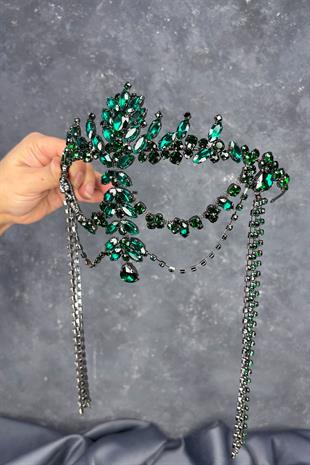 Zümrüt Yeşili Sallantılı Alınlık Almeda Gelin Kına Tacı