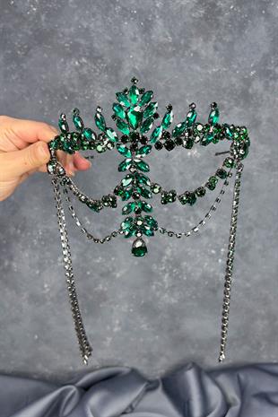 Zümrüt Yeşili Sallantılı Alınlık Almeda Gelin Kına Tacı